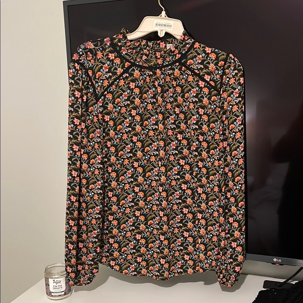 LOFT Black and Red Long Sleeve Peter Pan Collar Blouse